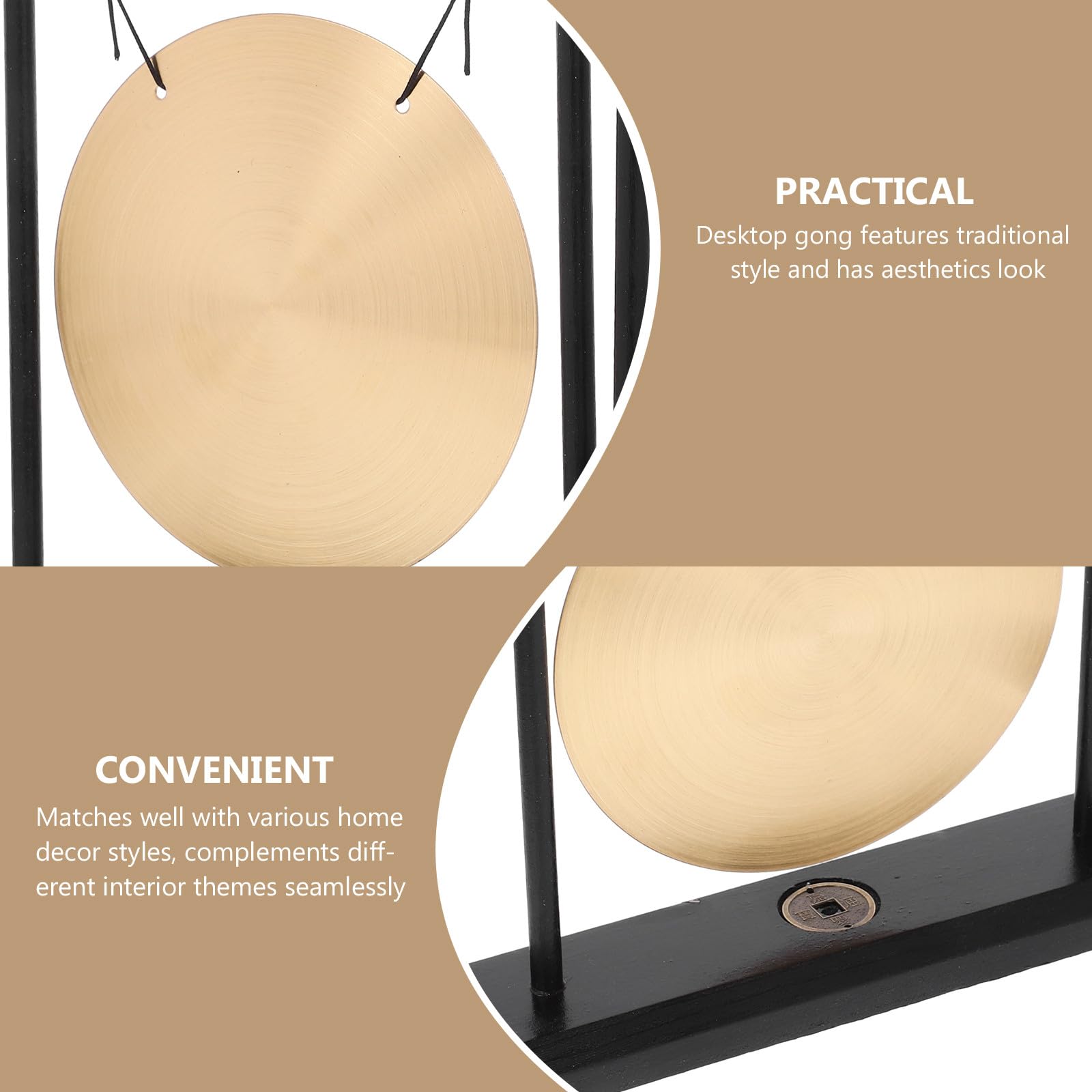 CALLARON Pequeño Gong Decorativo de Cobre y Madera para Oficina y Sala de Estar, Elegante y Confiable Objeto Decorativo Zen para Centros de Mesa