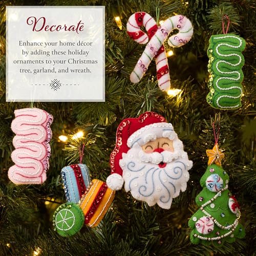 Image of Bucilla Felt Applique 6 Piece Ornament Making Kit, Santa's Candy Christmas, Perfect for DIY Arts and Crafts