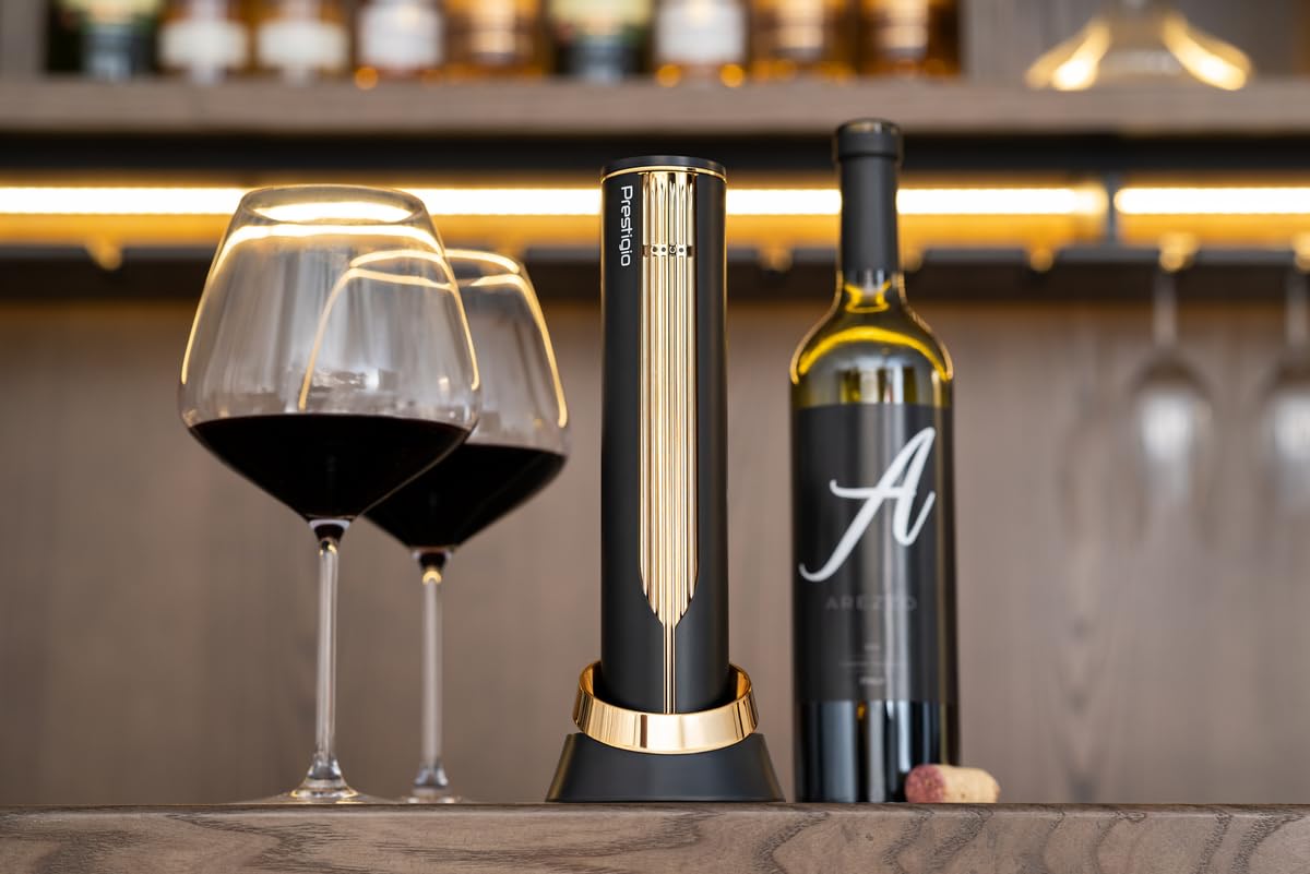 Prestigio Maggiore Elektrischer Korkenzieher - Premium Wein Flaschenöffner mit Ladestation - Integrierter Folienschneider - Verpackt in hochwertiger Geschenkbox - Schwarz/Gold