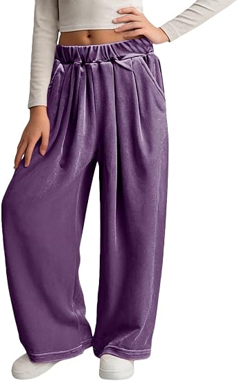 Girls Velvet Sweatpants Pleated Elastic Waist Straight Baggy Wide Leg Comfortable Joggers Active Pants