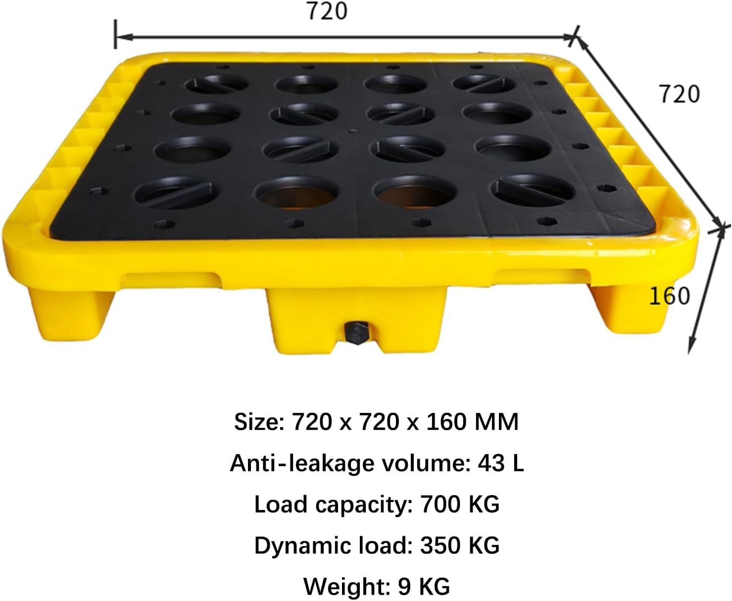 Oil Drum Tray,Yellow and Black Polyethylene Containment Spill Pallet, Modular Platform with Flat Top Grating, Leakproof Tray, Warehouses Factory for Stack Oil Drums Platform (Size : 72x72x1