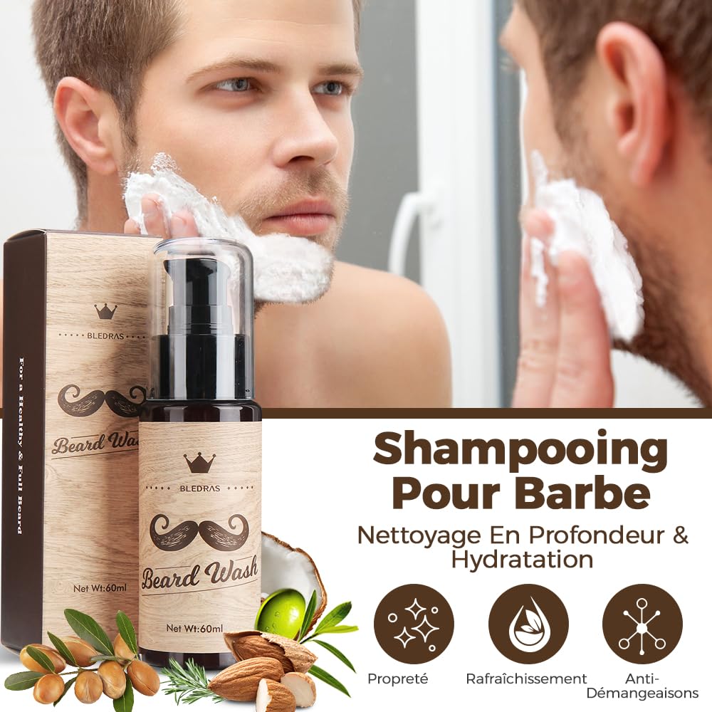 Bledras Kit Barbe Homme 13 en 1, Coffret Barbe Homme avec Huile à Barbe, Shampoing à Barbe, Crème à Barbe, Crayon à Barbe, Ciseaux à Barbe, Brosse à Barbe, Peigne à Barbe, Rasoir, 5 Lames de Rasoir