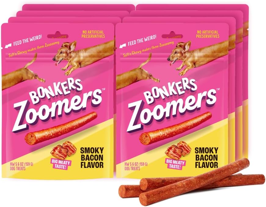 Bonkers Zoomers Soft & ChewySmoky Bacon Flavor Dog Treats, Training Treats or Food Topper, 5.6 oz /159g Resealable Bag for All Breeds and Ages (8 Pack)