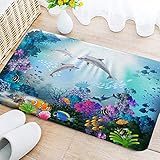 Dolphin Bathroom Rugs, Sea World Underwater Home Bathroom Bath Shower Bedroom Mat Blue Ocean Tropical Fish Floor Door Mat Rug Carpet Doormat Underwater Sea Ocean Bathroom Rugs 24' X 16'