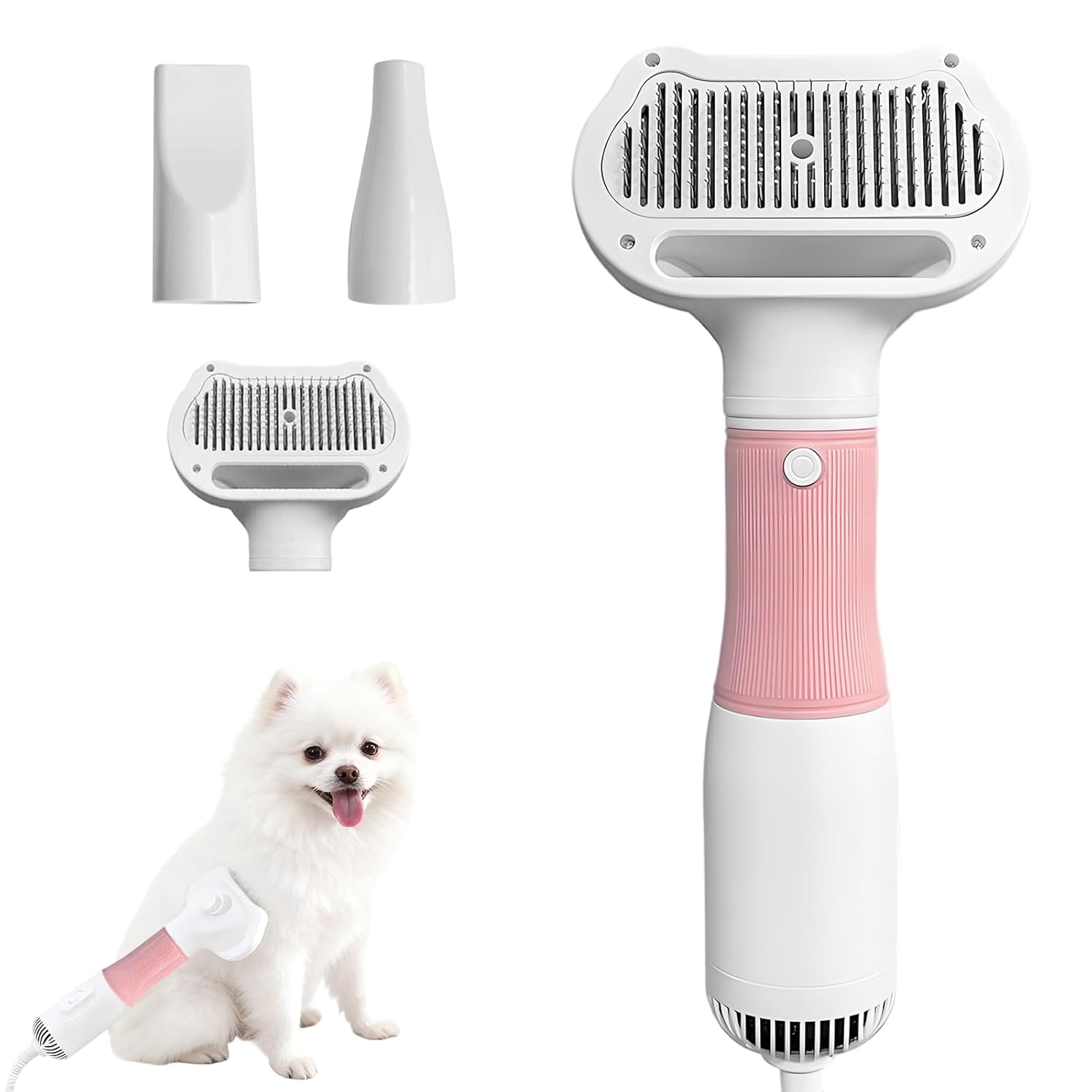 Dog Grooming Dryer with Slicker Brush, 3 in 1 Professional Portable Pet Dryer for Dogs Cats Adjustable Temperature Speed Settings, Pet Blow Brush for Home Travel Use (Pink)