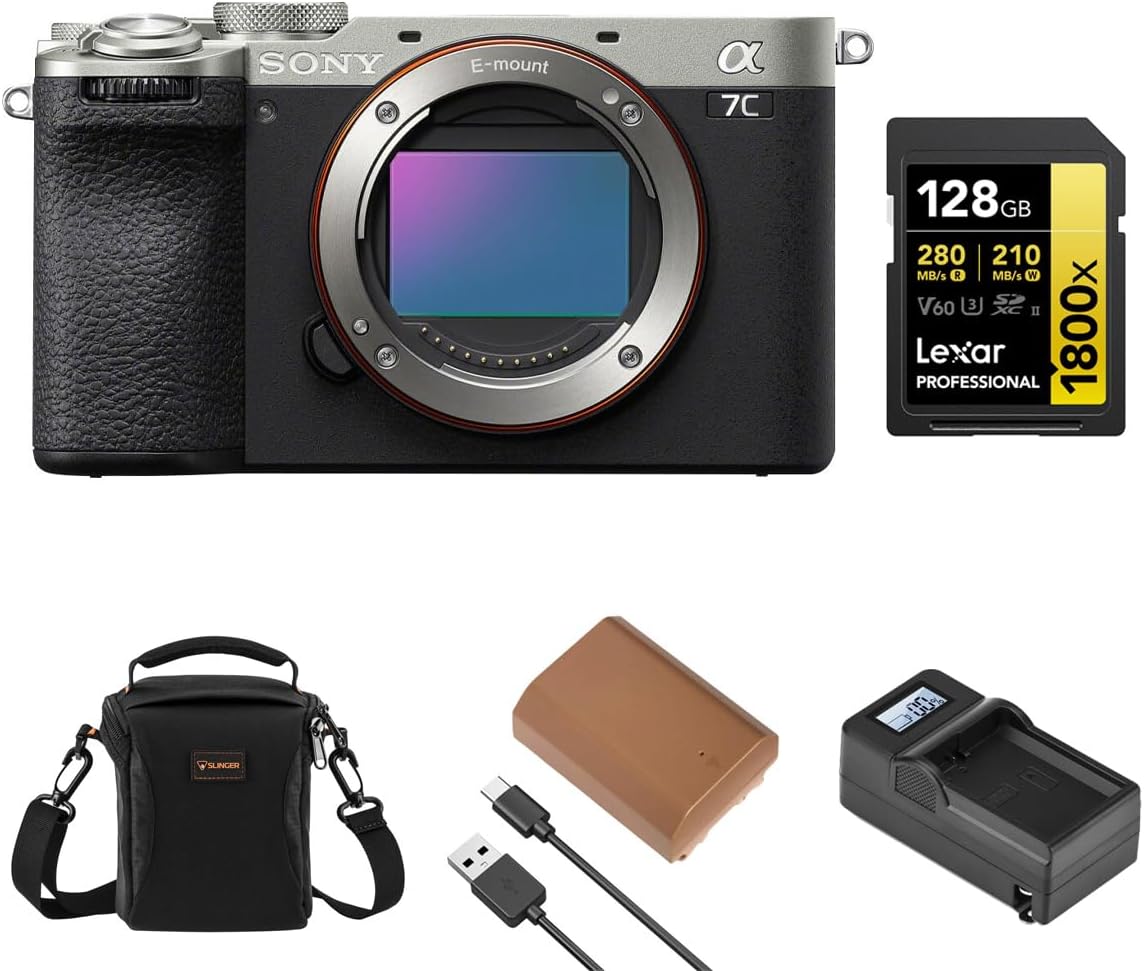 Sony Alpha a7C II Mirrorless Camera, Silver, Bundle with NP-FZ100 Battery, 128GB Memory Card, Charger and Shoulder Bag