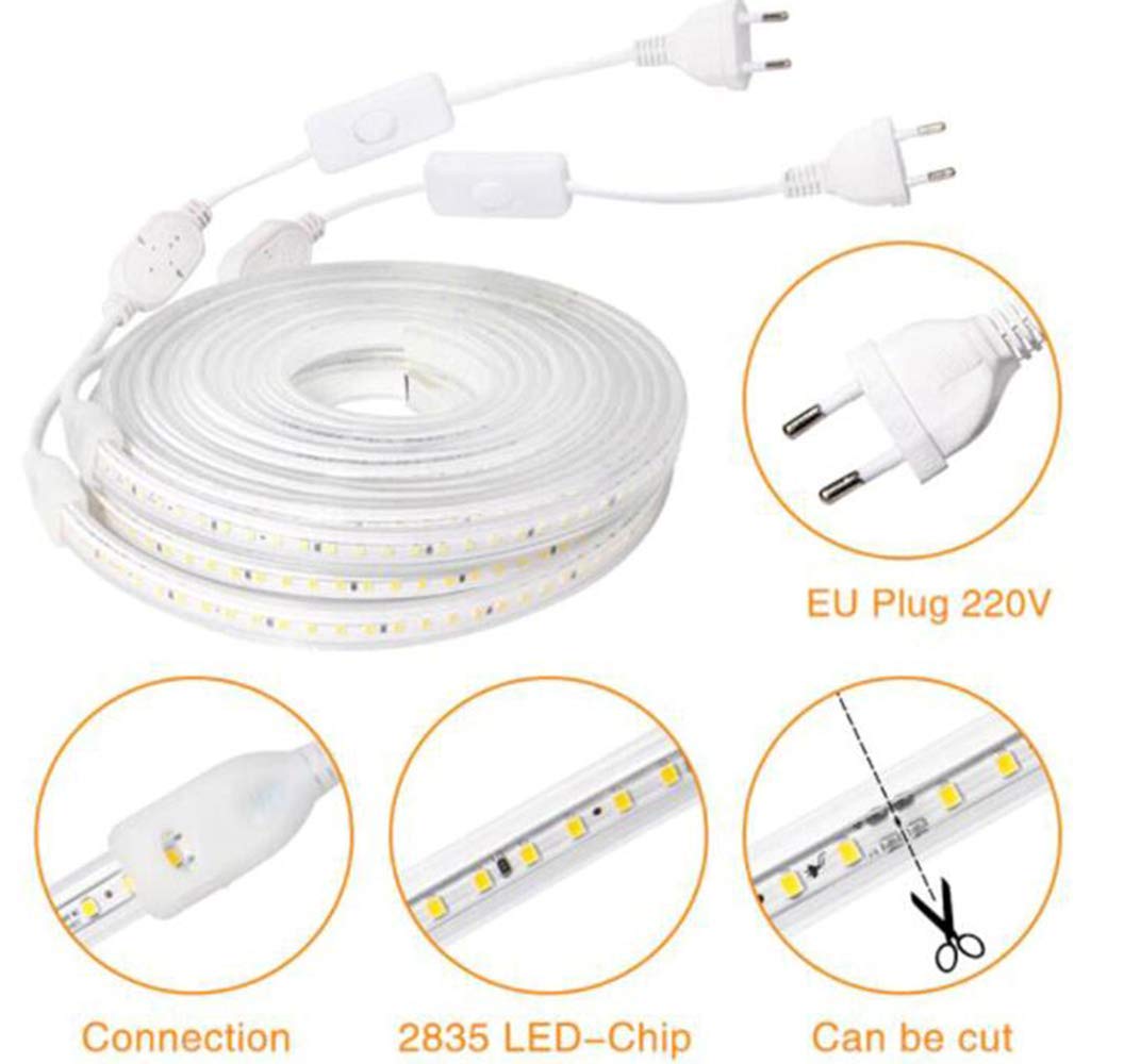 Luz de Tira LED 220V 2835 Tira de LED Impermeable Alto Brillo 120leds / m Cocina Flexible Luz de jardín al Aire Libre con Interruptor Enchufe de la UE