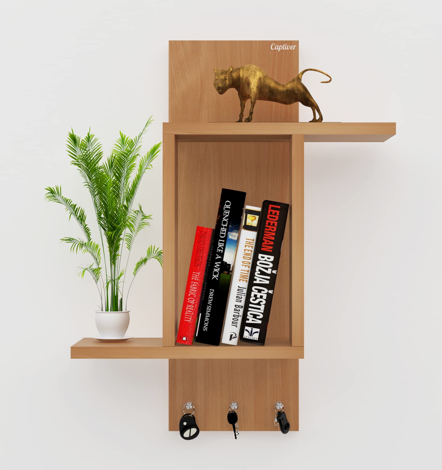 Captiver Engineered Wood Wall Mounted Books Shelf with Hanging Keys Hooks (Matte Beech) I Organizers Planks Decorative Ladder Brackets Stylish