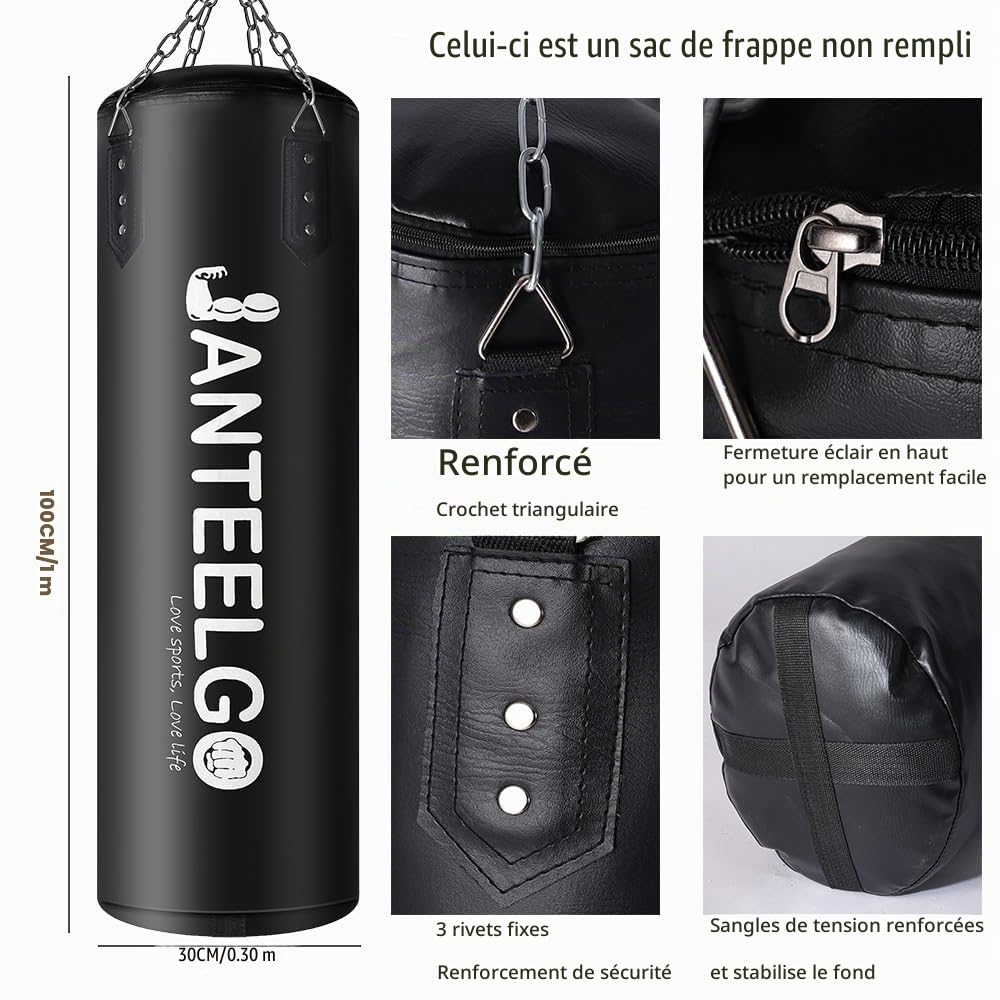 Sac de Frappe Suspendu et Sac de Frappe Adulte Non Remplir JanTeelGO 100 cm PU Matériel avec Chaîne de Montage et Crochet de Plafond Hommes Femmes Adolescents Enfant MMA Kickboxing Muay Thai Karaté