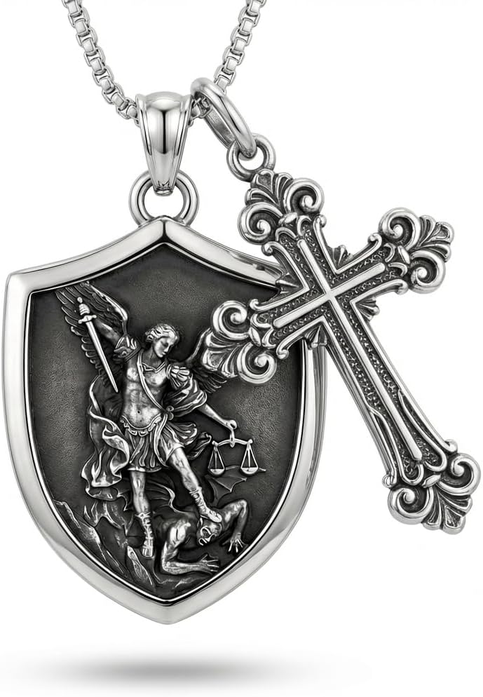 S925 Sterling Silver Gothic Vintage Saint Michael Archangel Necklace for Men Gothic Cross Sword Pendant Catholic Protection Guardian Angel Medal Gift for Confirmation Boys-Collar