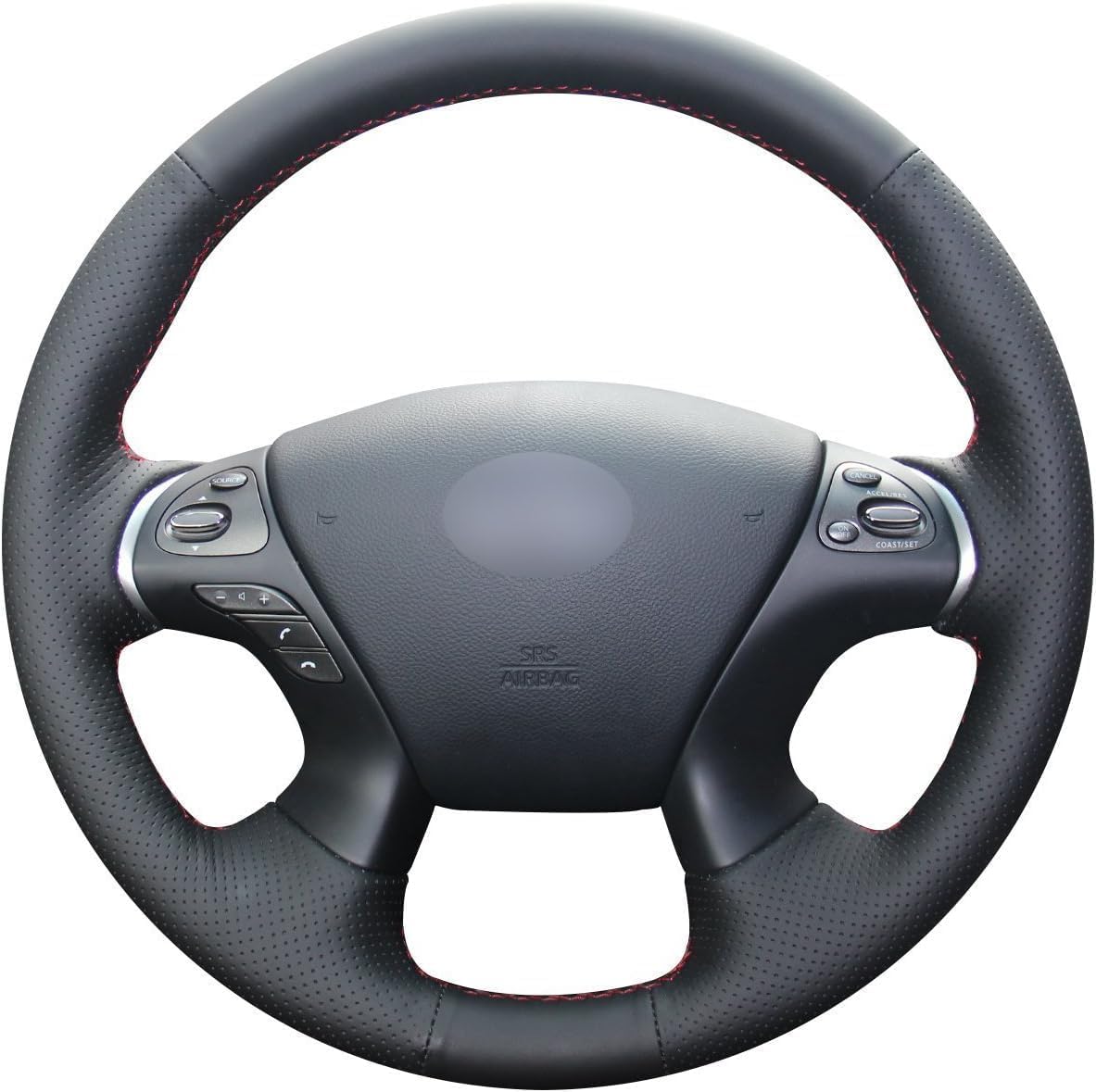 Loncky Black Genuine Leather Custom Steering Wheel Covers for Infiniti JX35 2013 / M35H 2012 2013 / Q70 2014-2018 /QX60 2014-2018 /M37 M56 2011-2013 / Pathfinder 2013-2018 (Black Leather,Red Thread)