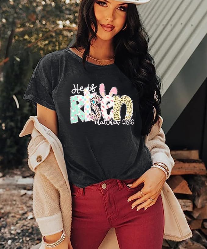 Happy Easter Shirts for Women Funny Bunny T Shirt Easter Egg Holiday Tops Rabbit Graphic Short Sleeve Tees - Image 3