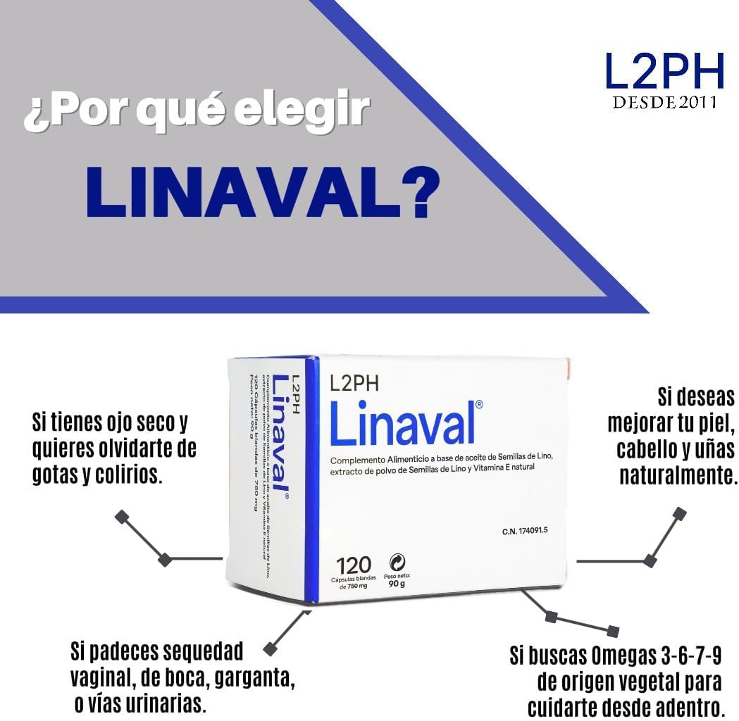 LINAVAL Complemento alimenticio para hidratación profunda de piel, ojos y mucosas (120 cápsulas). Complemento nutricional con Omegas 3-6-7-9 y Vitamina E