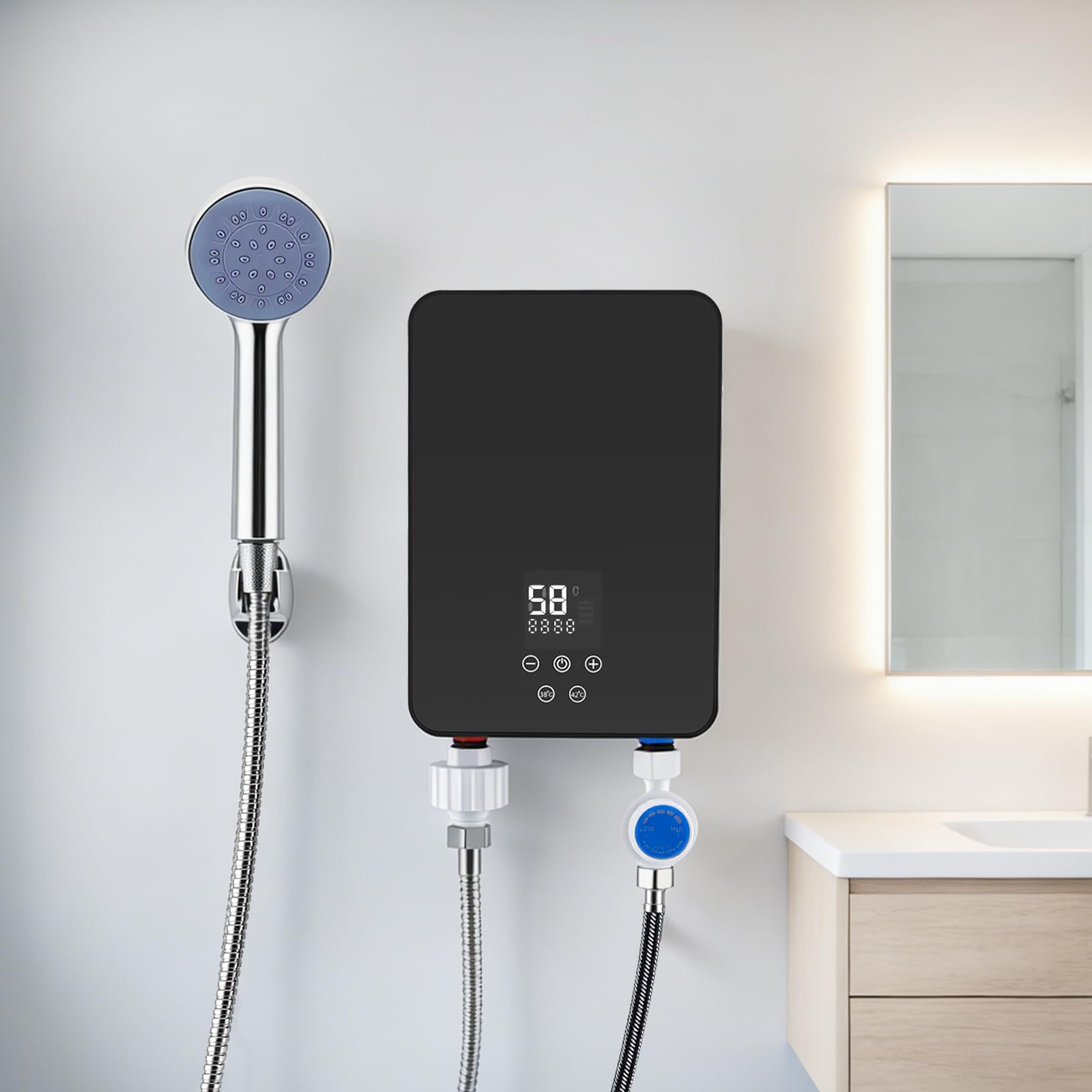 Elektrischer Durchlauferhitzer, 5500W 220V Elektrischer Warmwasserbereiter, Mini Durchlauferhitzer Dusche Kit mit Handbrause LED Temperaturanzeige für Dusche, Badezimmer, Küche