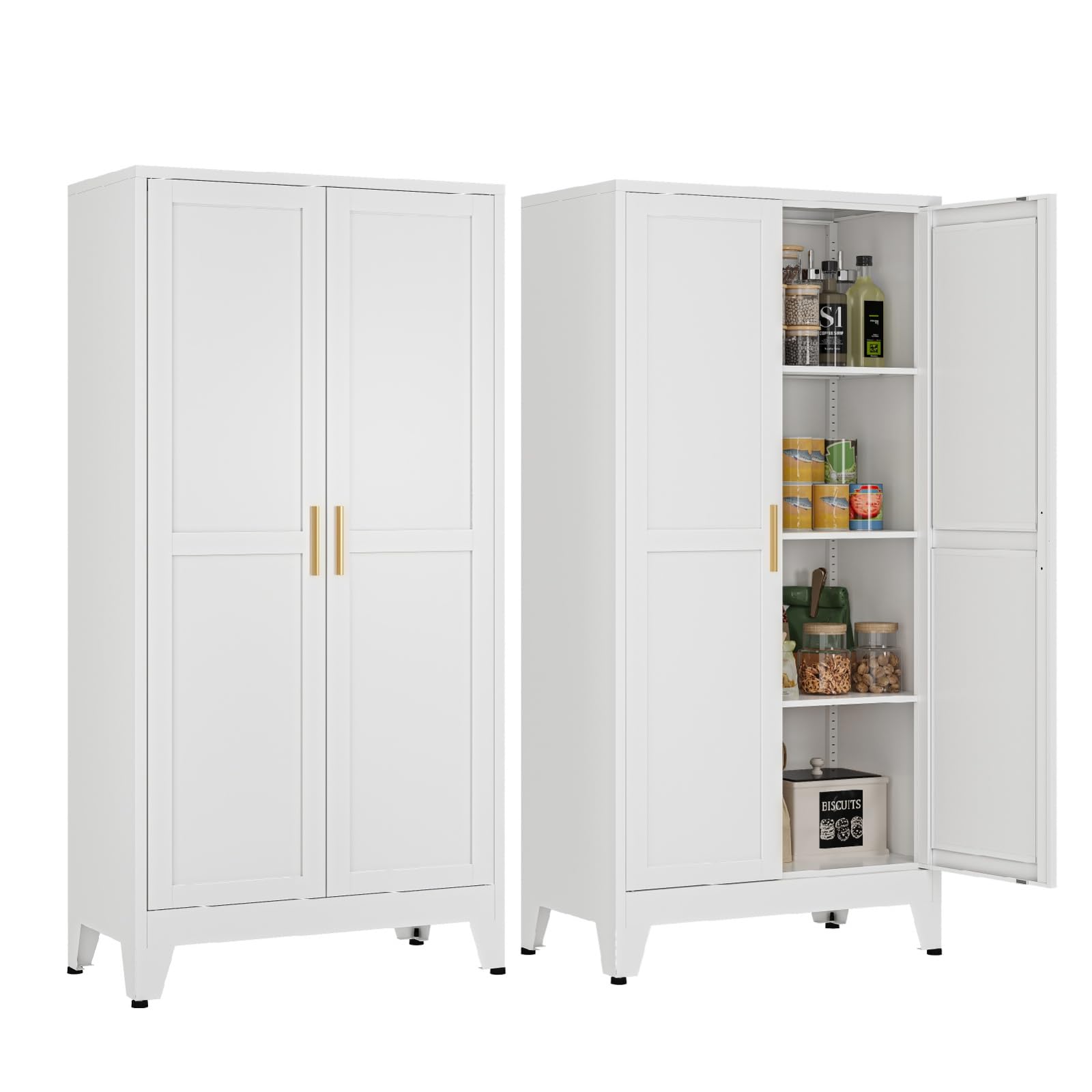 Mehrzweckschrank 70 cm Breit, Küchenschrank mit 2 Türen, Verstellbarer 4-Stufiger Metallschrank, Vorratsschrank, Allzweckschrank, für Küche, Esszimmer, Wohnzimmer und Homeoffice-Weiß-C