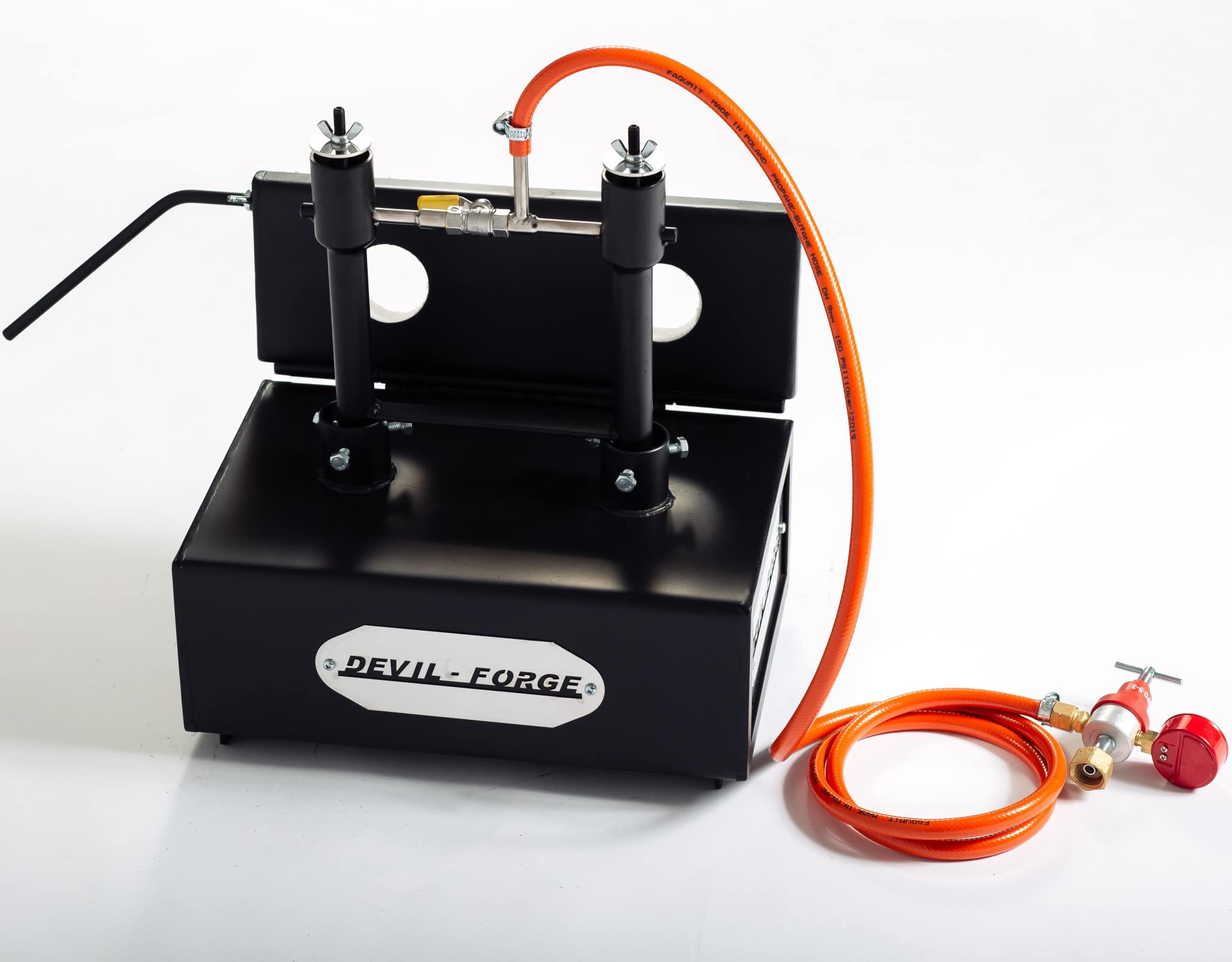 DEVIL-FORGE Fragua de gas DFHS2+1D/3.6” Horno de Forja, 2 Quemadores DFP (160.000 BTU) usas 1 o 2, Válvula de bola gas, Estrangulador de aire, 1 Puerta, cuchillos, herraduras, Herrero, Herrador 1370°C