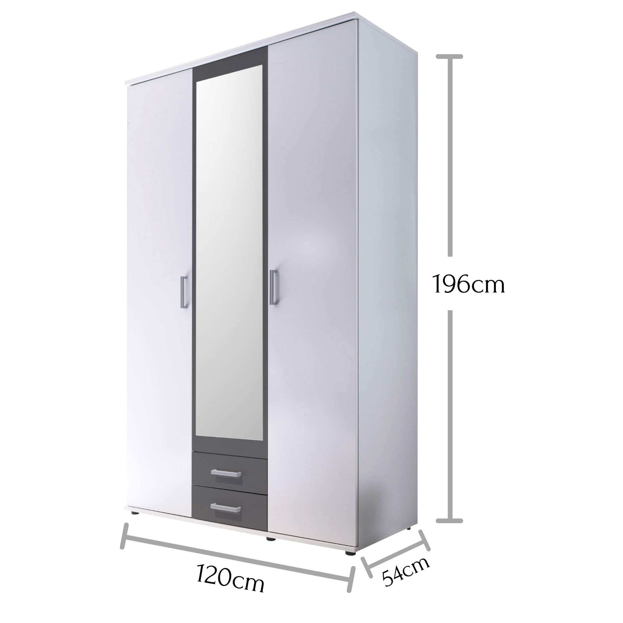 HANAU Kleiderschrank Schrank mit Spiegel Weiß Graphit 120 x 196 x 54 cm | Drehtürenschrank 3-türig mit Schubkästen für das Schlafzimmer, zweifarbiges Design, Stauraum für Kleidung