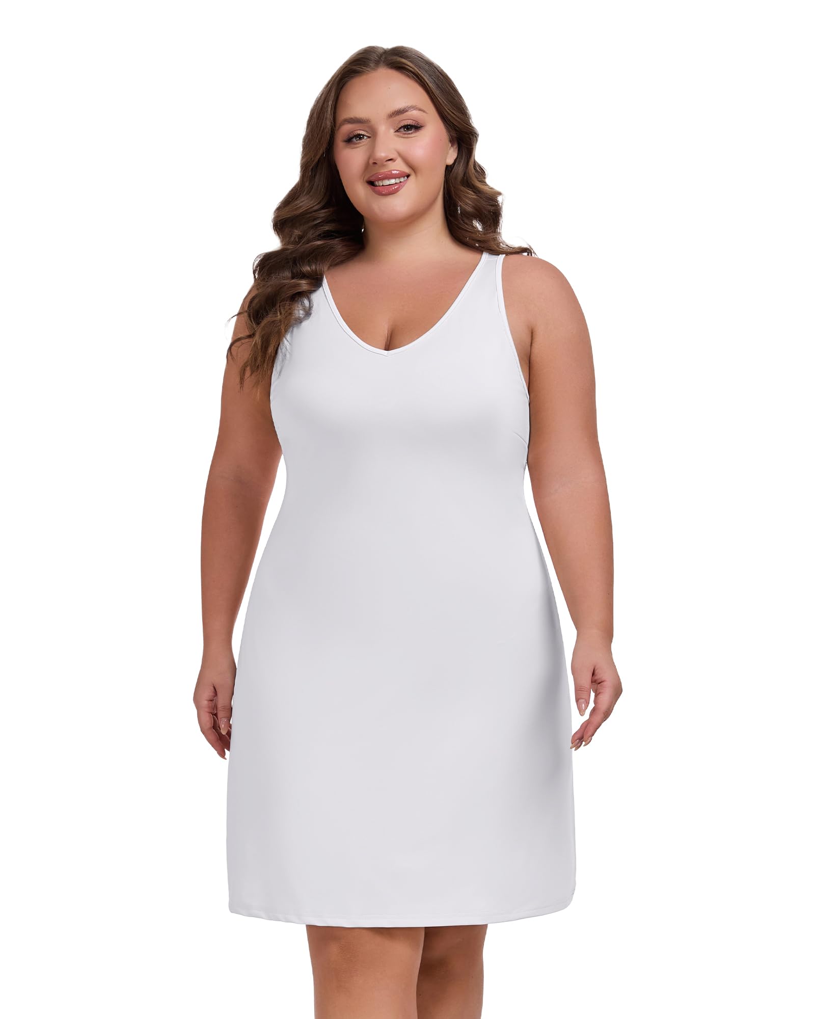 MOSCOAL Women's Plus Size V-Neck Full Slip Dress, White, 24 Plus, MC8262A