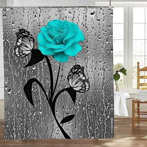 Xgidkew Teal Rose Shower Curtain Rose Butterfly Shower Curtain Farmhouse Flower Shower Curtain Rustic Floral Bathroom Decor Shower Curtain with Hooks Waterproof Fabric 60x72Inch Cover