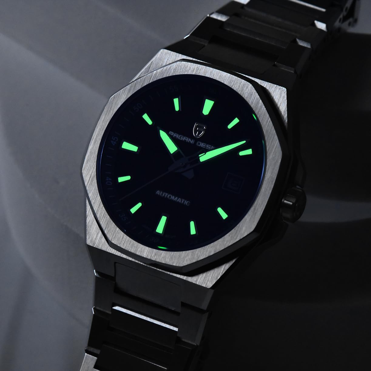 Pagani Design Men's Automatic Mechanical Watch, 40mm Sapphire Glass 316L Stainless Steel, 100M Water Resistant, Luminous Date Display, Grid Dial Octagonal Bezel Dress Watch for Men