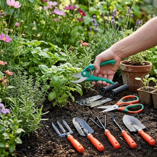 Image of Ocean Mart 9-Piece Gardening Tools Kit for Gardening - Cultivator, Fork, Trowels, Weeder, Garden Scissor, Khurphi & Pruner Cutter for Indoor & Outdoor Gardening
