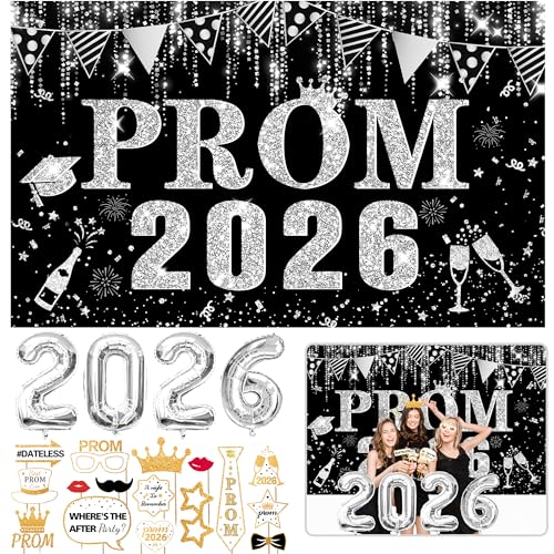 Abitoncc 4 PCS Prom Banner 2026 Silver Prom Night Decorations 2026 Backdrop Silver 2026 Foil Balloons for High School College Class of 2026