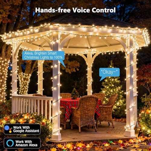 Image of Brizled Smart String Lights, 65.61ft 200 LED Christmas Lights with APP & Voice Control, WiFi Christmas Fairy Light Warm White Music Sync Xmas Tree Lighting Green Wire for Home Xmas Tree Party Decor