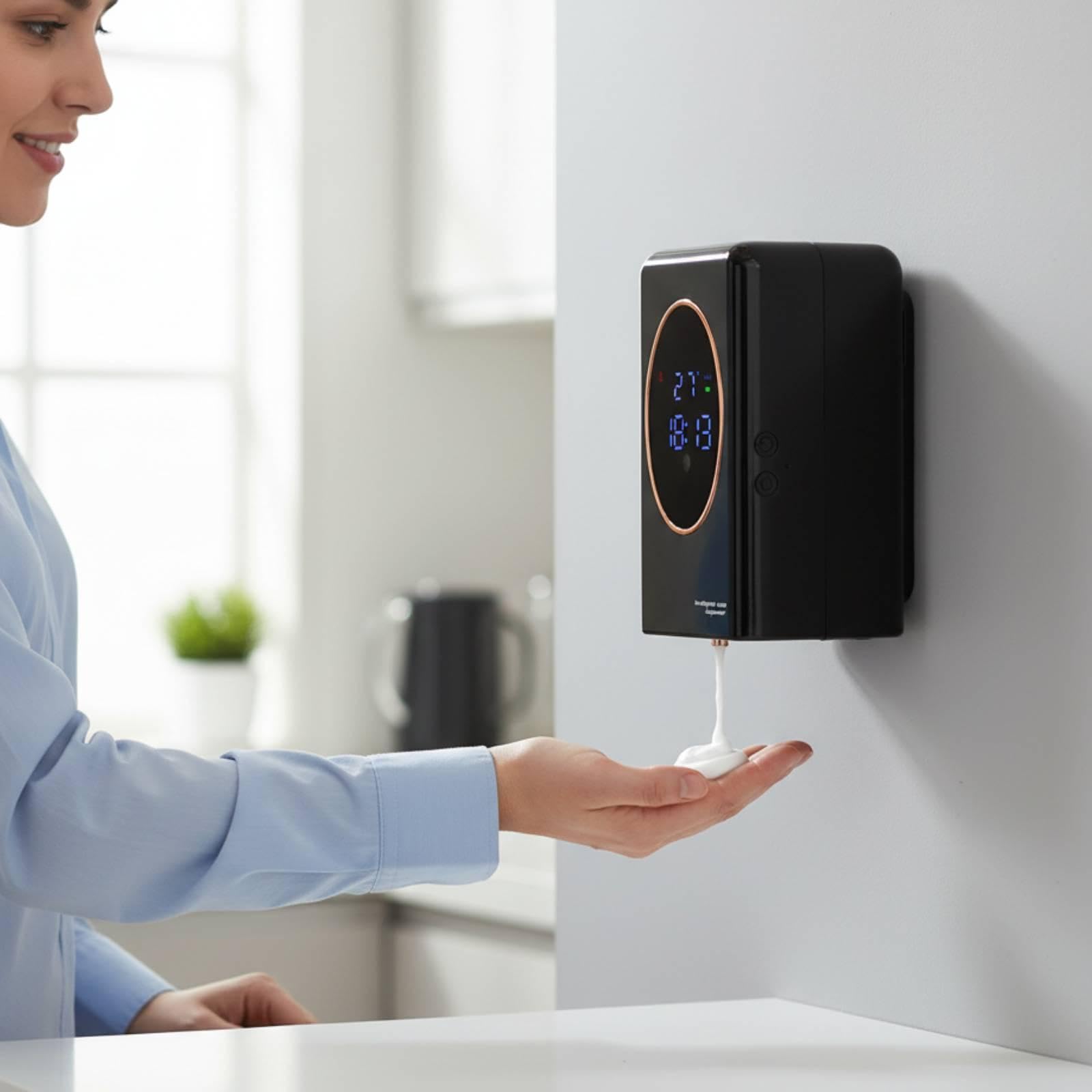 Dispensador Automático de Jabón con de Espuma Ajustable Montado en Pared Y Depósito Grande Inteligente Y Función Impermeable Adecuado P, Negro, Individual