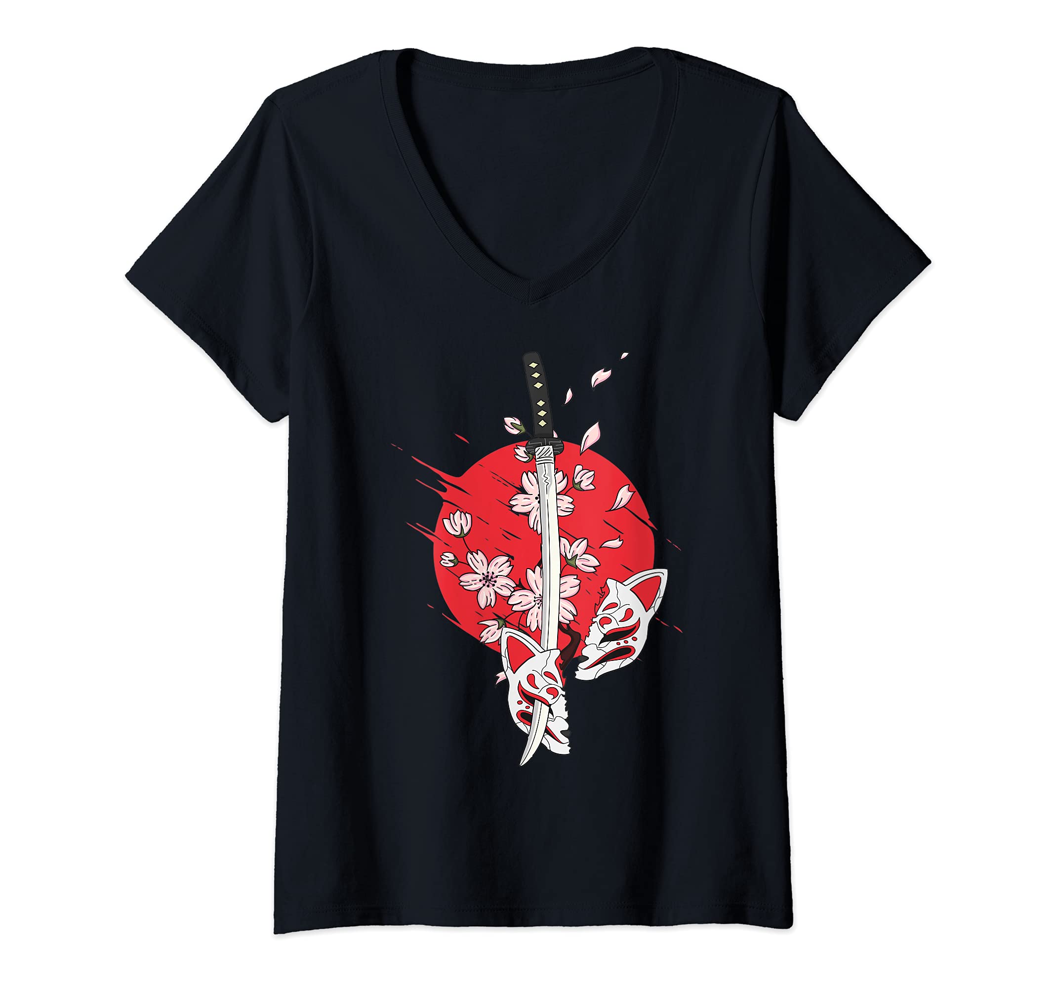 Womens Japan Anime Mask Kitsune Style Samurai Oni Monster V-Neck T-Shirt