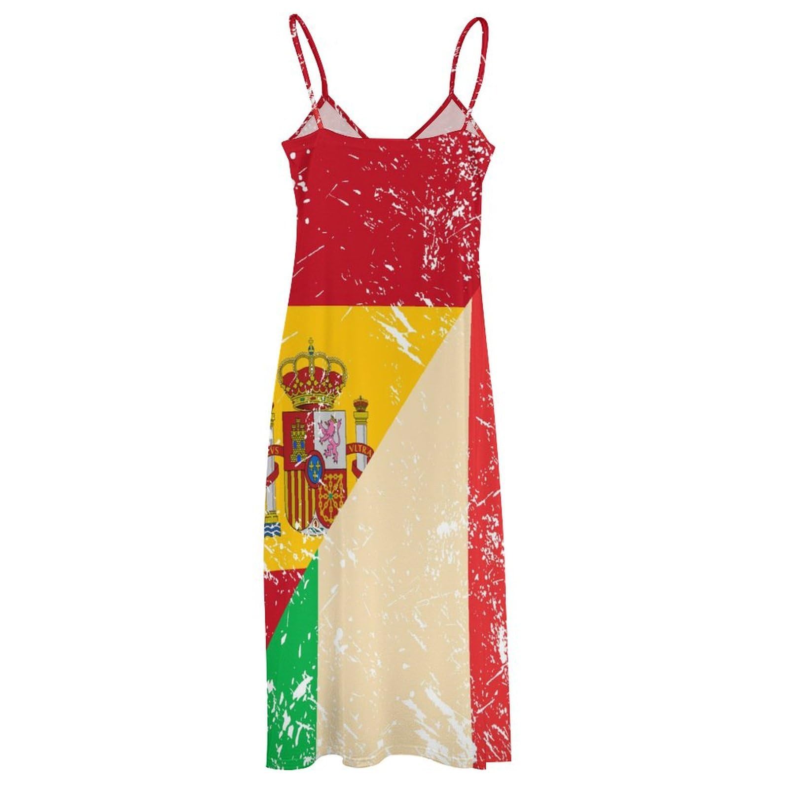 Vestido casual con la bandera vintage de Italia y España para mujer, vestido largo de espagueti ajustable, largo hasta el tobillo con volantes, vestido de verano fluido