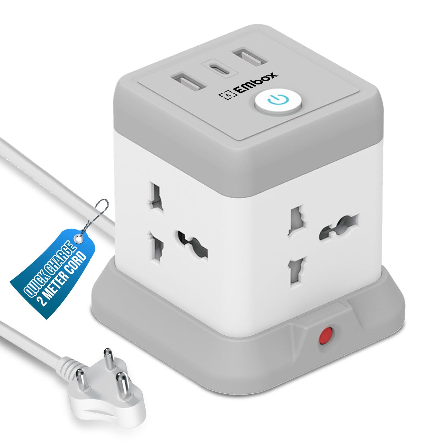 EMBOX Cube Extension Board with USB Type C (2.4 A) (QC 3.0) | 2500W Extension Board with Switches | Extension Cord with Universal Sockets Safety Shutter & Overload Protector, 2 Meter