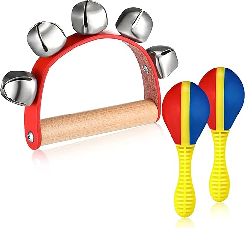 Juego de 3 piezas de maracas de pandereta de madera, campanas de trineo, campanas de pandereta, maracas, sonajero, instrumento musical, juego de