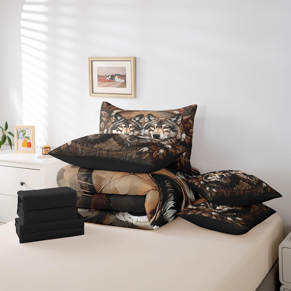 Erosebridal Boho Wolf Queen Comforter Set 7 Piece for Kids Teens Adults,Tribal Ethnic Wildlife Bed in a Bag with Sheet Set,Couple Wolves Wild Safari Animal Bed Sheets,Exotic Dreamcatcher Bedding Set