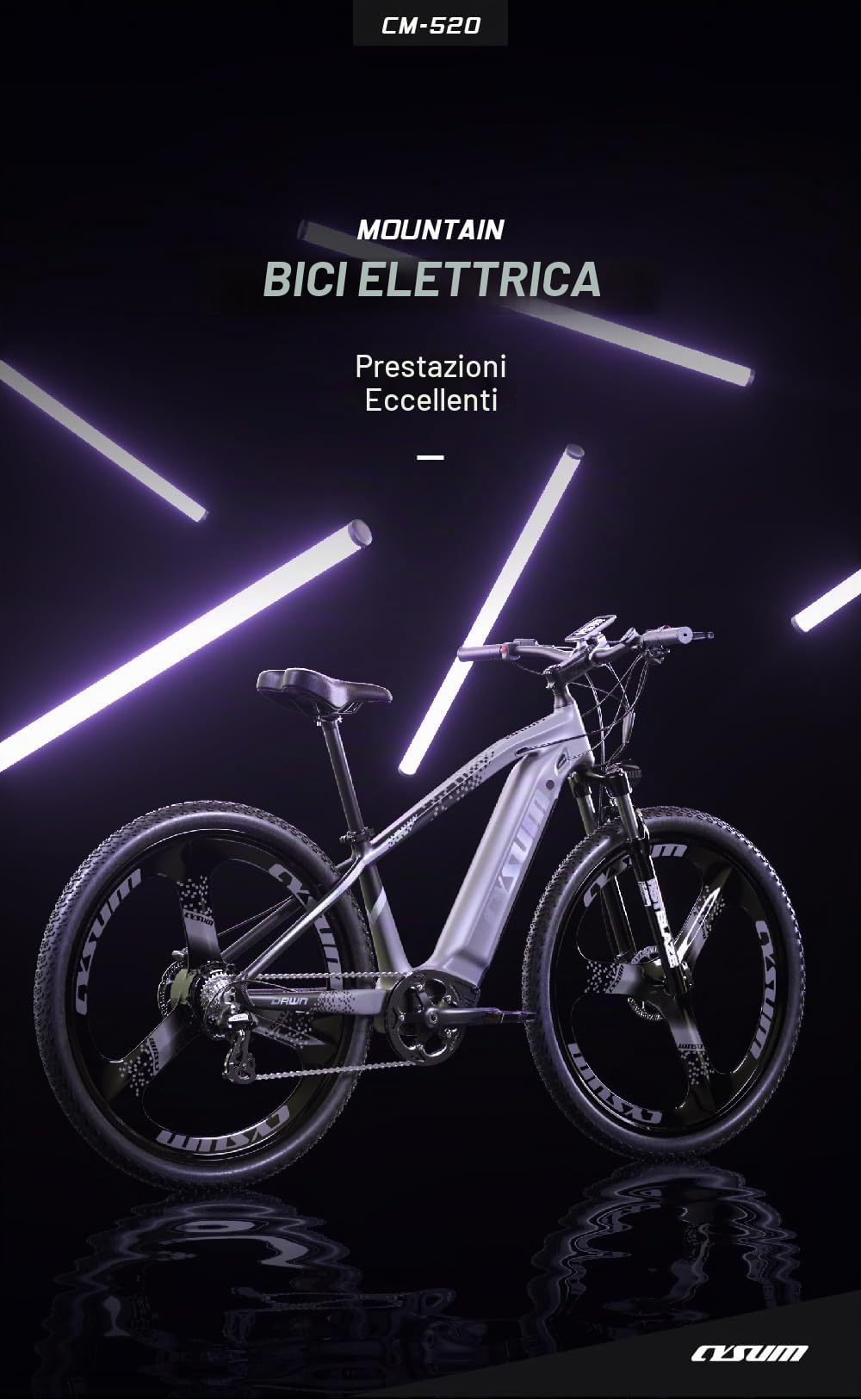 Cysum MTB elettrica da 29 pollici per uomo, bicicletta elettrica da montagna per adulti, bicicletta elettrica tutto-terreno, batteria al litio rimovibile 720 Wh, autonomia 90-120 km, freno a disco