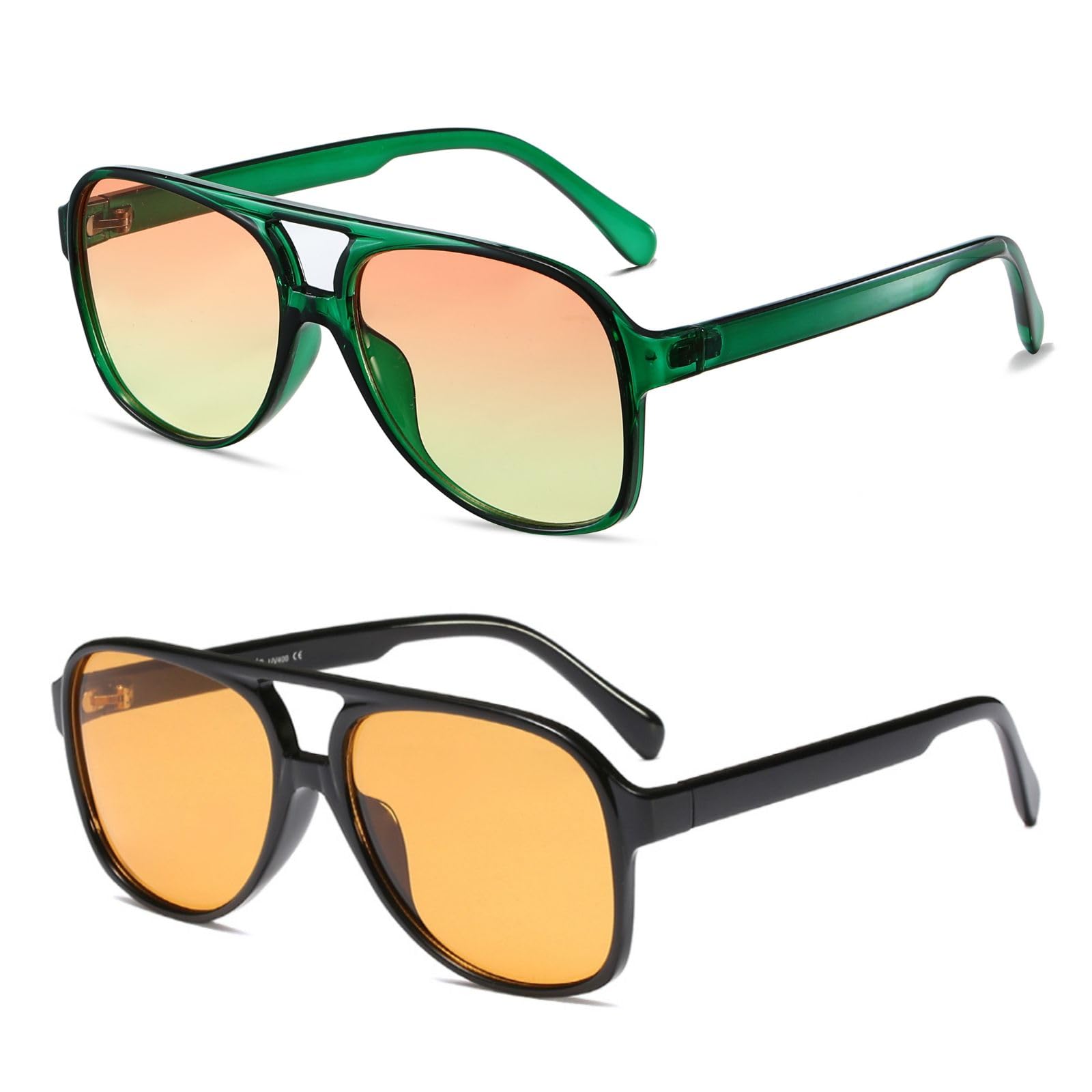 Freckles Mark Vintage Retro 70s Sunglasses for Women Men Classic Large Square Aviator Trendy Glasses 2p: Yellow & Green 60 Millimeters