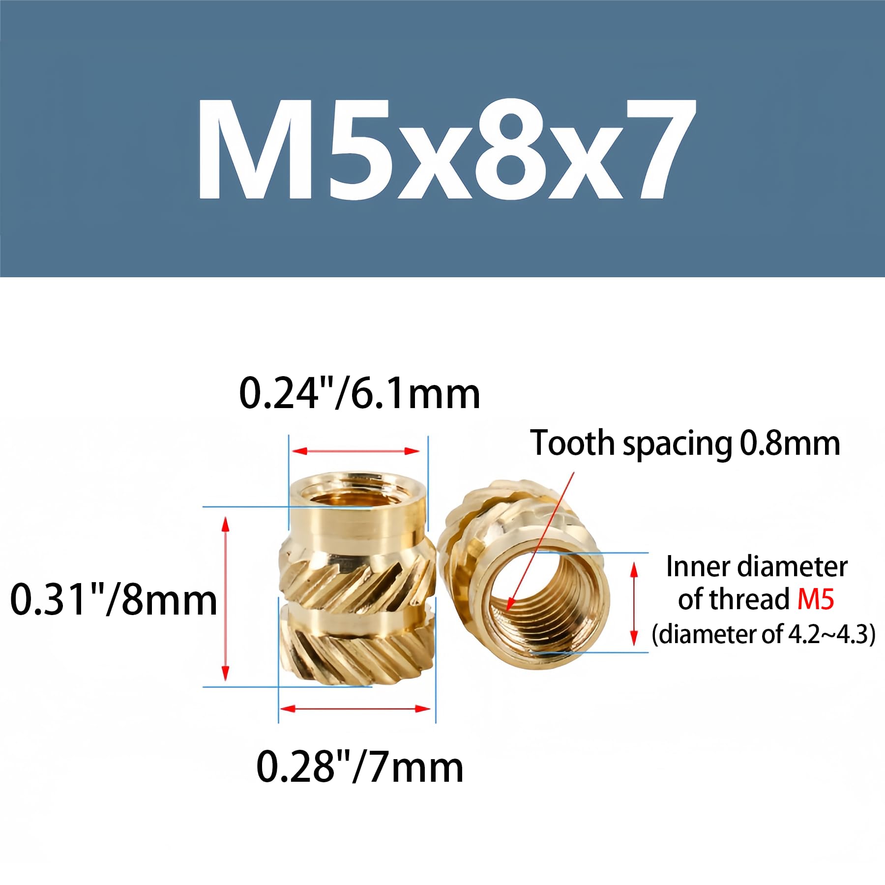 LEPEVNEY 60Pcs M5 Knurled Threaded Insert Nuts, 8mm Length, 7mm OD - Image 2