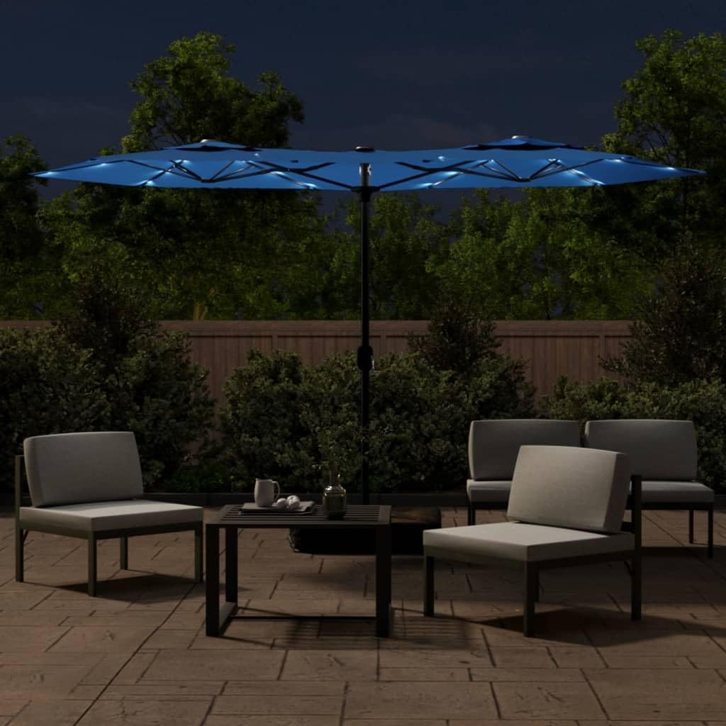 Homgoday Sombrilla Doble de jardín con Luces LED Azul 316x240 cm Sombrilla Terraza Exterior, Sombrilla Jardín Grande Orientable Jardín Parasol Balcón