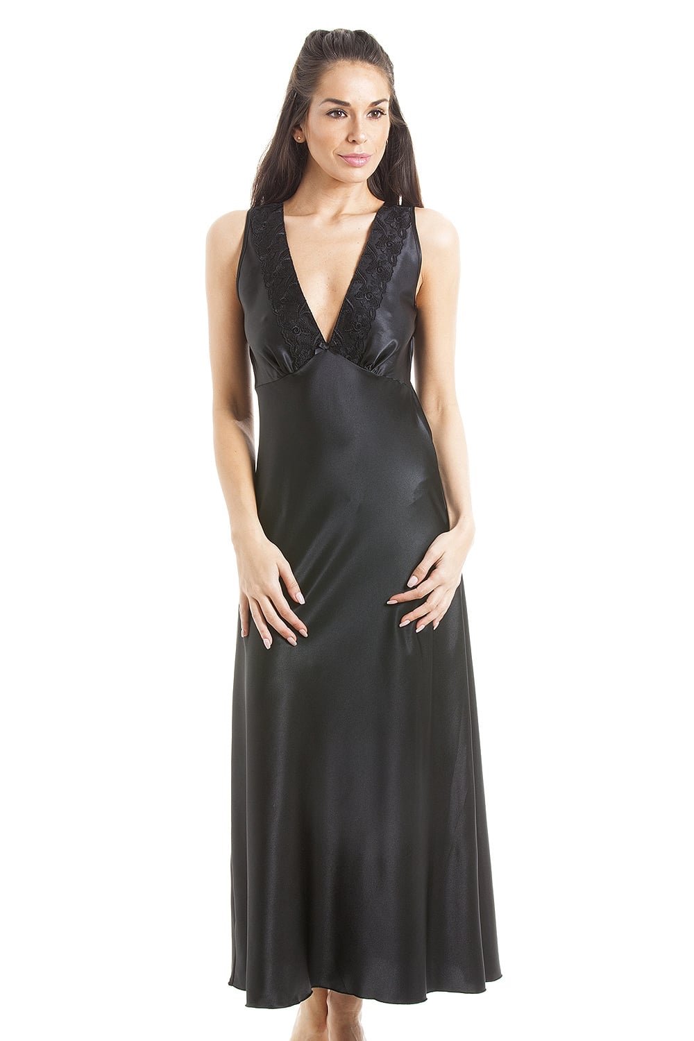 Camille Women's Black Luxury Long Satin Lace Chemise Nightgown 14-16