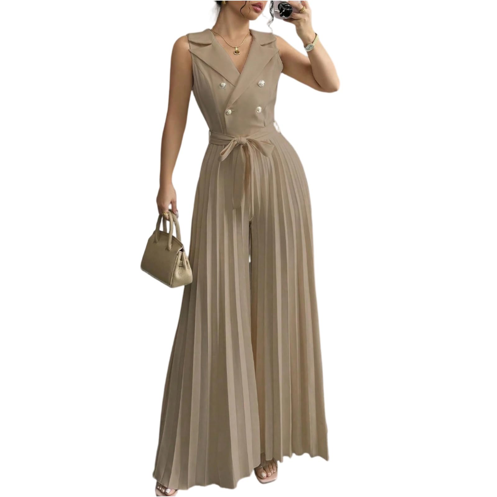 FUPODD Hosenanzug Damen Festlich Elegant Hochzeit Jumpsuit Damen Sommer Lang Plissee Weites Bein Overall Hochzeitsgast Ärmellos Buisness Jumpsuits Mit Gürtel Einteiler Party Romper Cocktail Playsuit