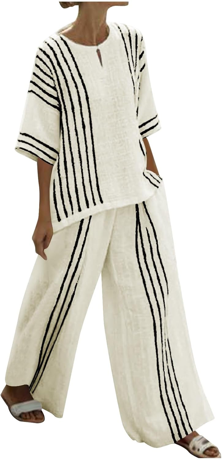 HGps8w Women's 2 Piece Cotton Linen Outfits Loose Crewneck Striped Top and Wide Leg Pants 2025 Fall Lounge Tracksuit Sets