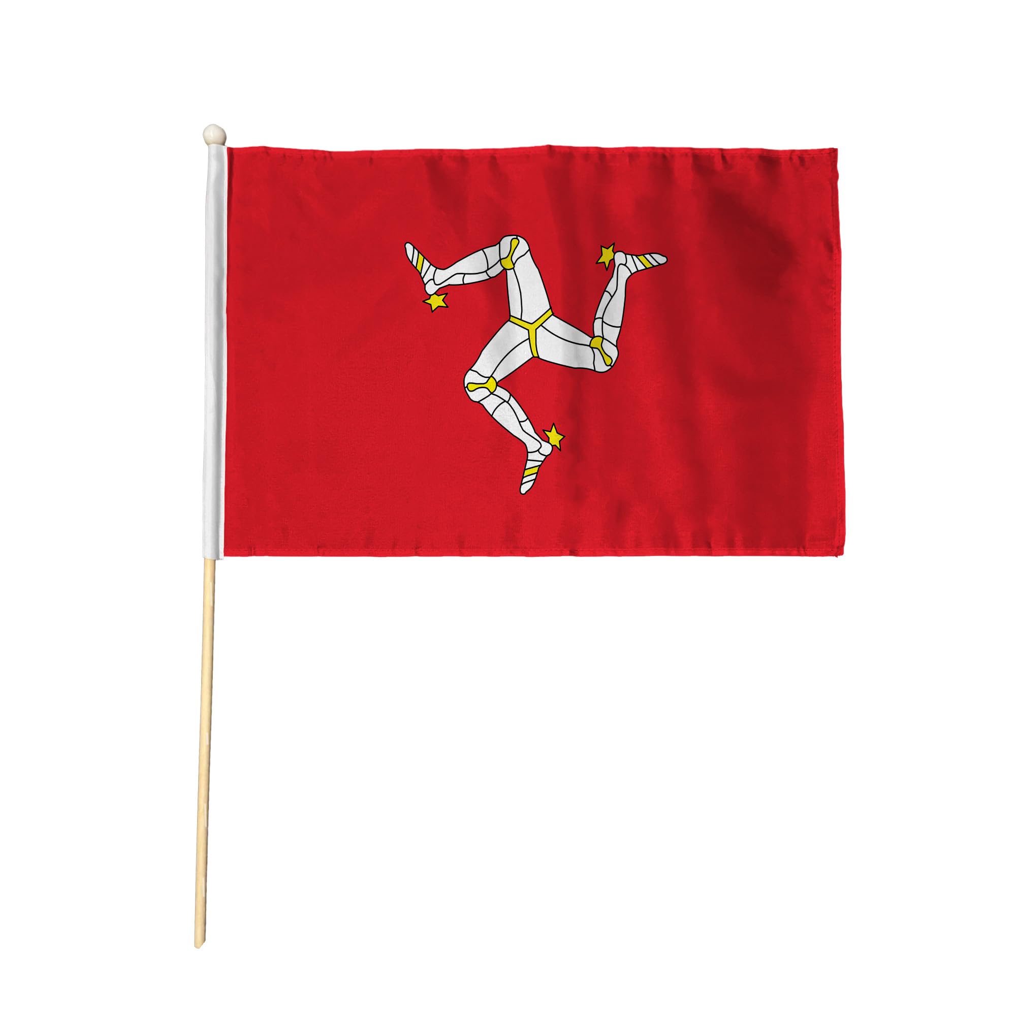 Flagtex Isle of Man Pack of 12 Hand Waving Flag (9x6 Inch) - Premium Wooden Stick Hand Flag 9x6 Inch Natural Wood Pole Red White Triskelion Three Legs Manx Flag Events