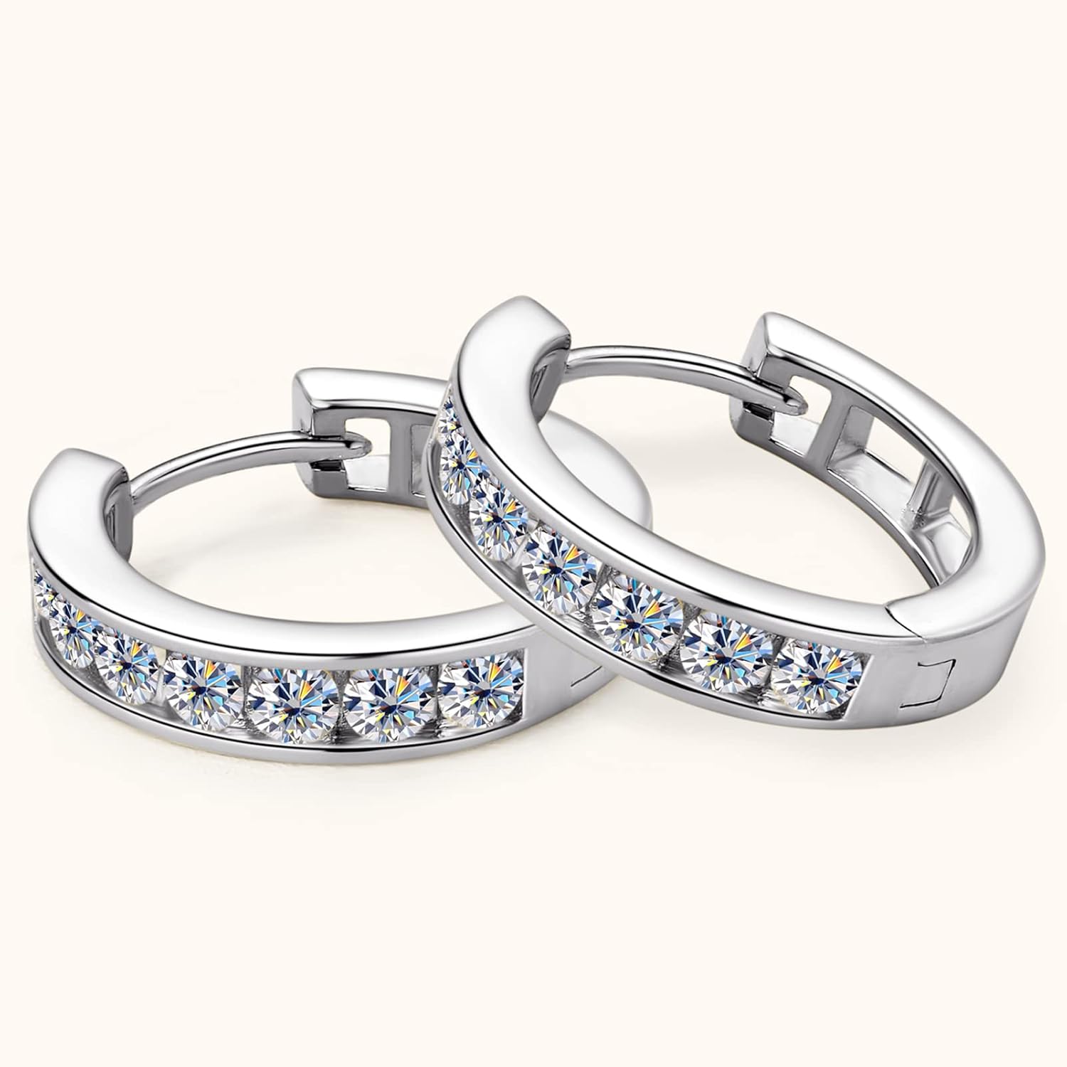 Moissanite Hoop Earrings Channel Setting Round D Color VVS1 Clarity 925 Sterling Silver Hinged Huggie Durable Hoop Earring Gifts for Women and Men
