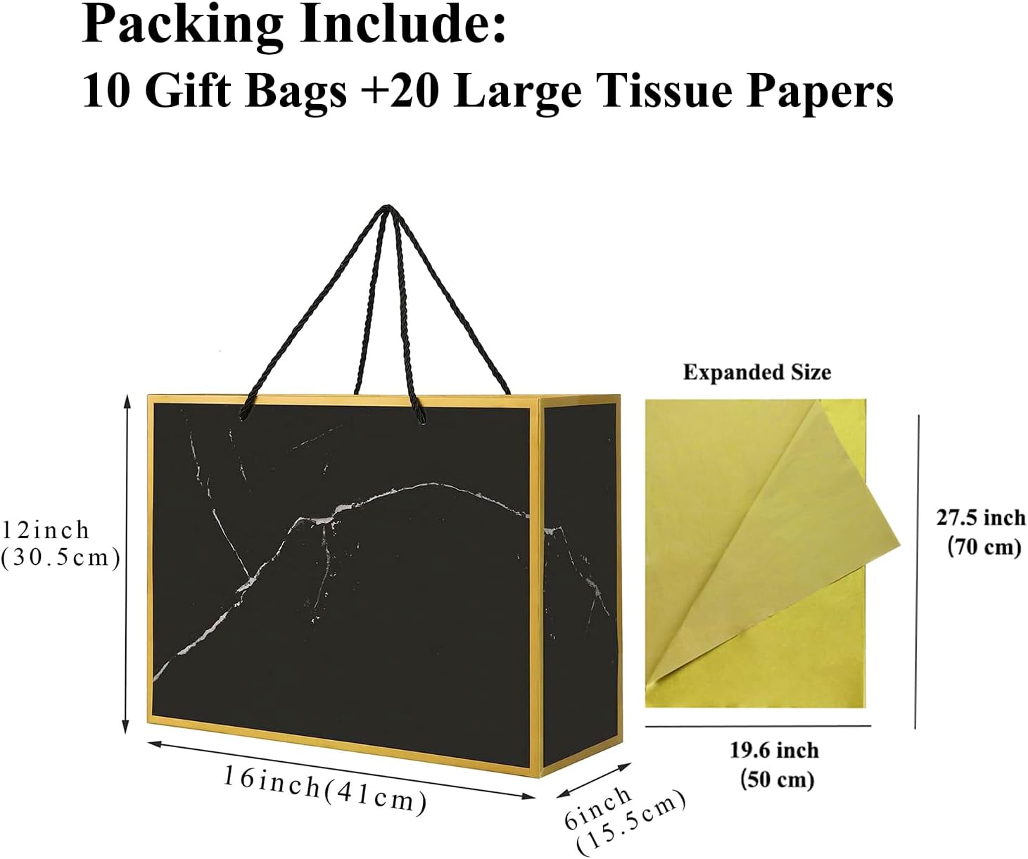 Cmecial 10 Marble Extra Large Gift Bags with Tissue Papers, 16" Gold Black Gift Bags Large with Handles, Black Paper Groomsmen Paper Gift Bags Large Size, Large Gift Bags for Presents