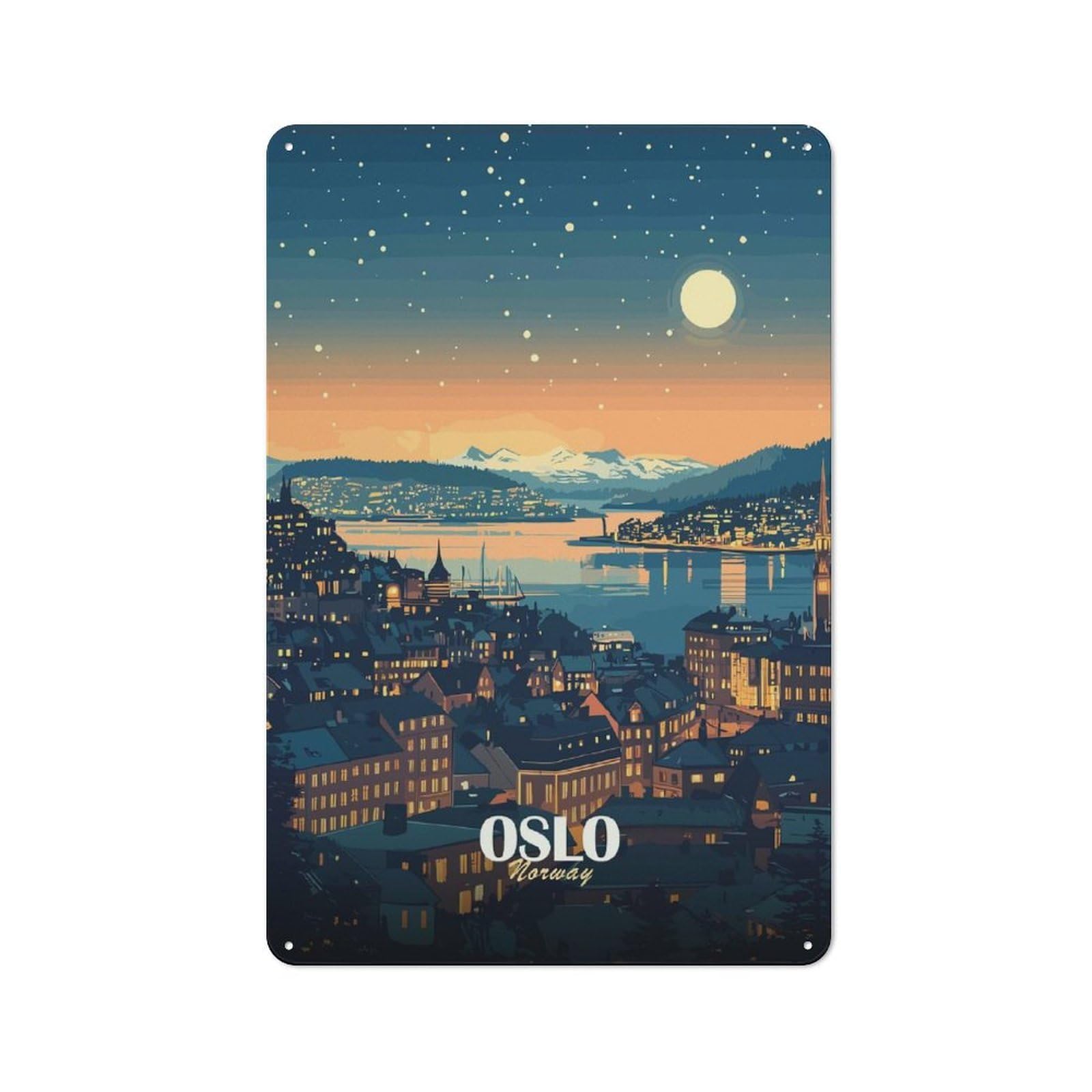 Junmoney Oslo, Norway Cityscape At Night Vintage Metal Plaque 30X20cm For Home Office Or Studio, Seasonal Metal Wall Decor For Winter Interiors