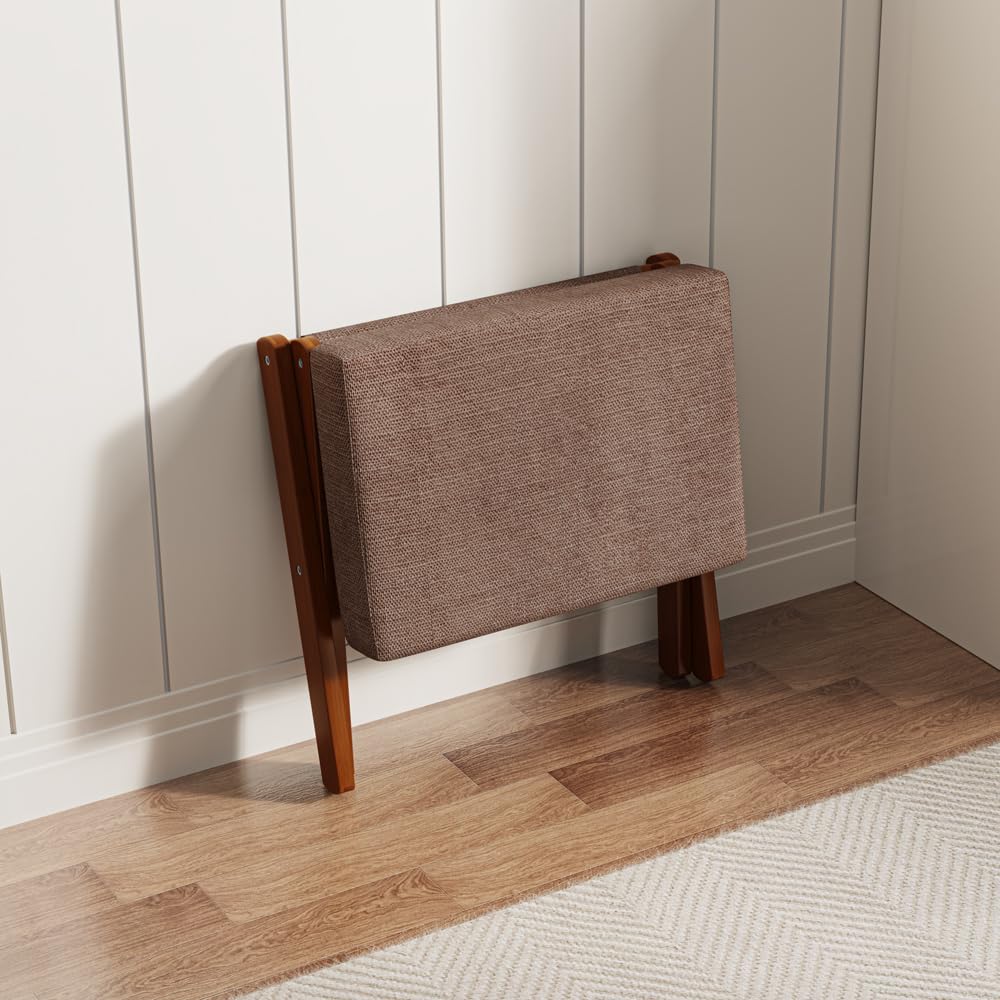 BAMBOOHOMIE Taburete plegable otomano, reposapiés moderno con patas de bambú en X y cojín de espuma gruesa, taburetes plegables pequeños acolchados para dormitorio, sala de estar, taburete de tocador