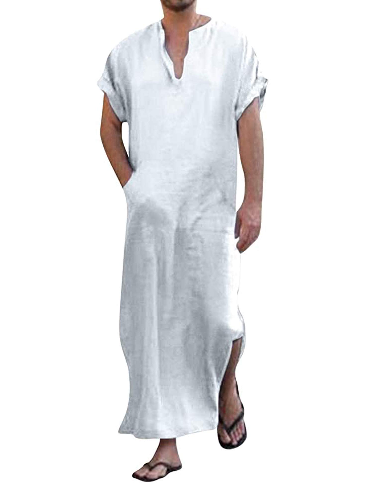 COOFANDY Pijama de manga corta para hombre, algodón, lino, cuello en V, con bolsillos, camisa para hombre