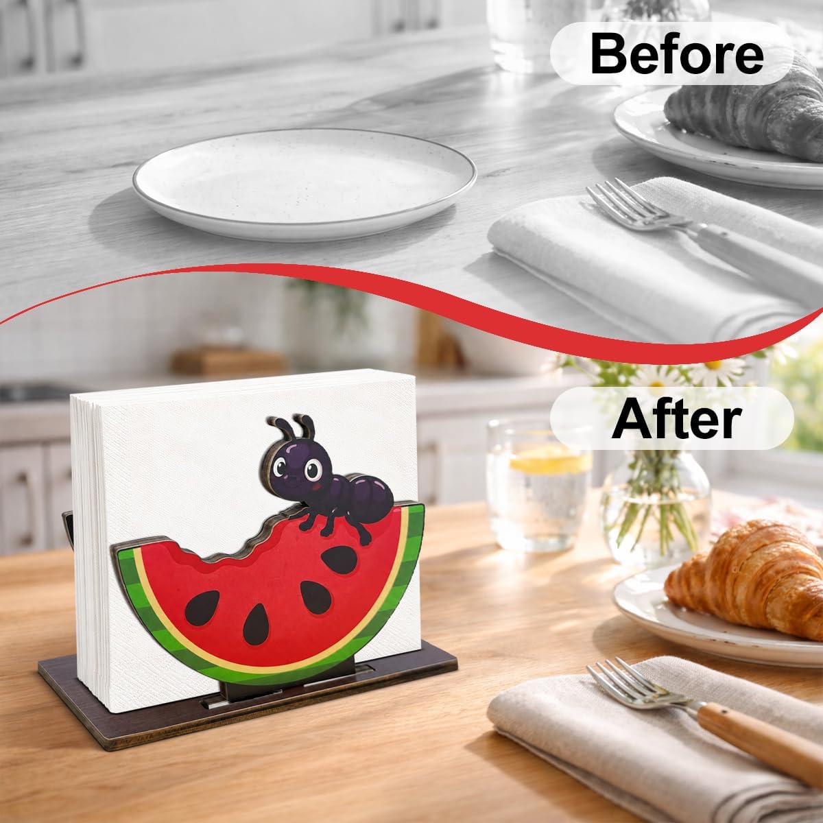 Summer Ant Watermelon Wooden Napkin Holder for Table Cute Watermelon Wood Napkin Dispenser for Home Kitchen Dining Room Decor Napkins Tissue Holder image 3