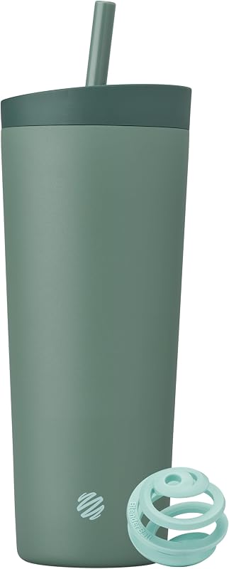 BlenderBottle Tumbler 2-in-1 Stainless Steel Shaker Bottle 24 oz, Sea Glass | Leak-Proof with Straw Removed | Blenderball Whisk Technology | Sip or Chug Spout | Protein | Greens | Hydration