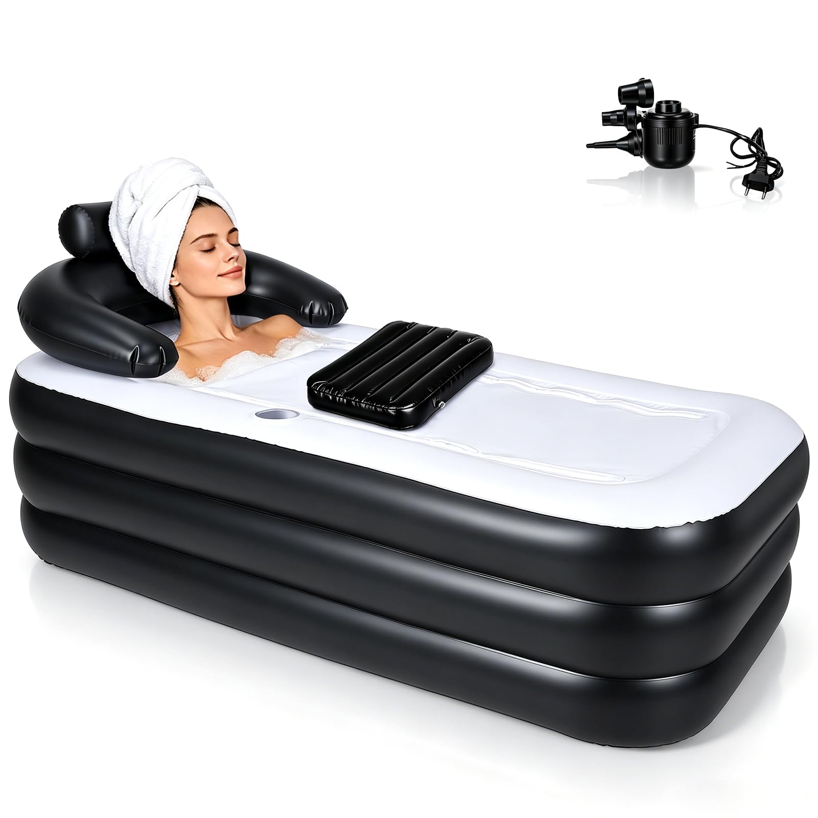Bañera Adulto Portátil, 3 Min Inflación Rápida con Bomba Eléctrica, Bañera Hinchable Plegable con Tapa Aislante, Reposacabezas en U, Soporte para Vasos, Para Jardín Camping Baño, Negro-Blanco