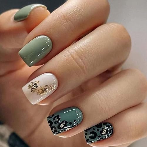 Uñas postizas a presión verdes, cuadradas, cortas, medianas, rosas, para mujeres, con diseño de leopardo dorado con purpurina, uñas postizas